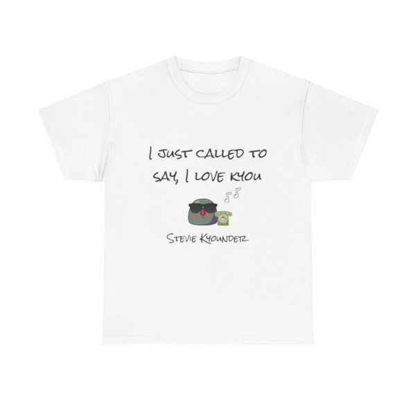 Funny "Stevie Kyounder" T-shirt with a Kyou in sunglasses and a retro phone