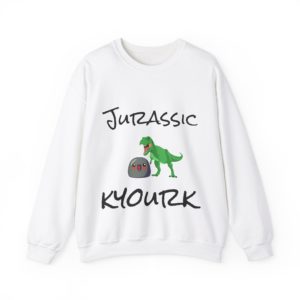 Funny "Jurassic Kyourk" sweatshirt with a Kyou running from a green dinosaur