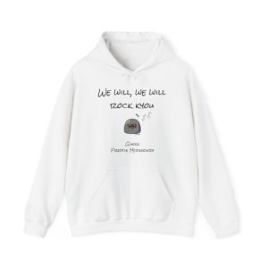 Hoodie with Kyou in moustache and mic pose, with text "We Will, We Will Rock Kyou"
