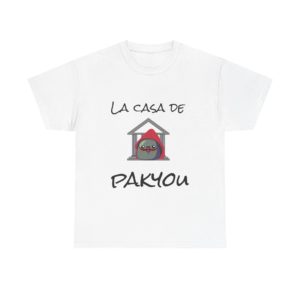 Funny "La Casa de Pakyou" t-shirt with a Kyou wearing a red hoodie over his head