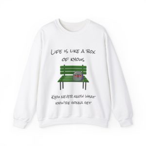 Sweatshirt with Kyou on a green bench and the phrase "Life is like a box of Kyous"