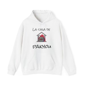 Hoodie with Kyou in red hood and text "La Casa de Pakyou"