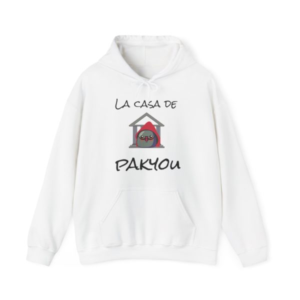 Hoodie with Kyou in red hood and text "La Casa de Pakyou"