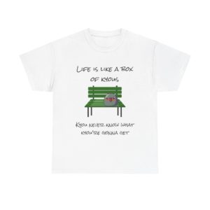 Funny "Life Is Like a Box of Kyous" t-shirt with a Kyou sitting on a green bench