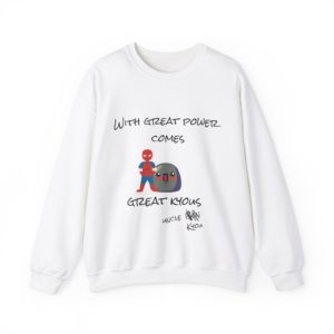 Superhero parody sweatshirt with "With Great Power Comes Great Kyous" design