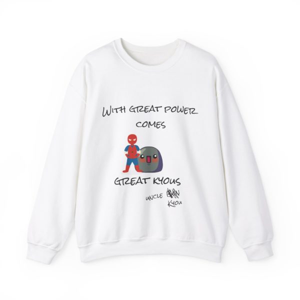 Superhero parody sweatshirt with "With Great Power Comes Great Kyous" design