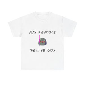 Funny "May the Force Be with Kyou" t-shirt with a Kyou holding a laser saber