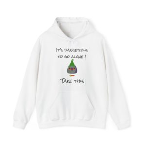 Funny "It’s Dangerous to Go Alone! Take This" hoodie with a Kyou wearing a green Link hat and holding an 8-bit sword