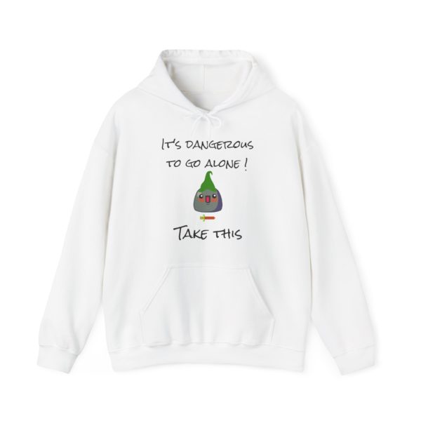 Funny "It’s Dangerous to Go Alone! Take This" hoodie with a Kyou wearing a green Link hat and holding an 8-bit sword