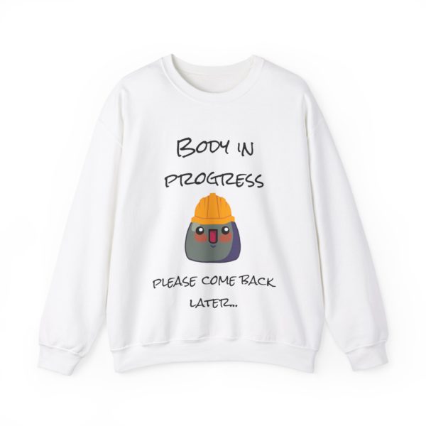 Sweatshirt with Kyou in helmet and text "Body in Progress, Please Come Back Later"