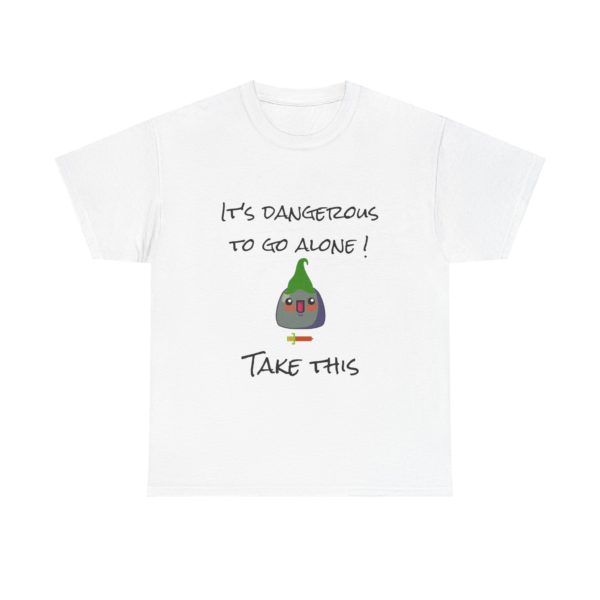 T-shirt with Kyou in green hat holding pixel sword and text "It’s Dangerous to Go Alone – Take This!"