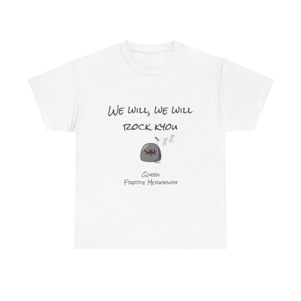 Funny "We Will, We Will Rock Kyou" t-shirt with a Kyou in a mustache and a standing microphone