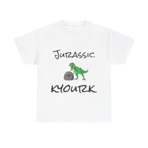 Funny "Jurassic Kyourk" t-shirt with a Kyou standing next to a T-Rex