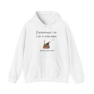 Funny "Everything I Do, I Do It for Kyou" hoodie with a Kyou in a green Robin Hood hat and a guitar