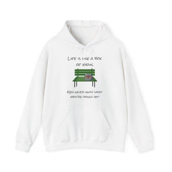 Kyou hoodie parody with Kyou sitting on a green bench and the phrase "Life is like a box of Kyous"