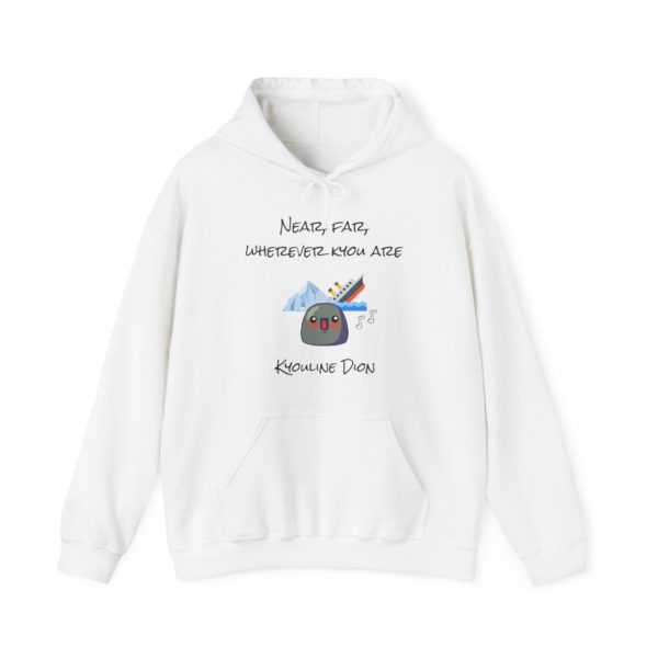 Funny "Near, Far, Wherever Kyou Are" hoodie with a Kyou standing in front of a sinking boat next to an iceberg