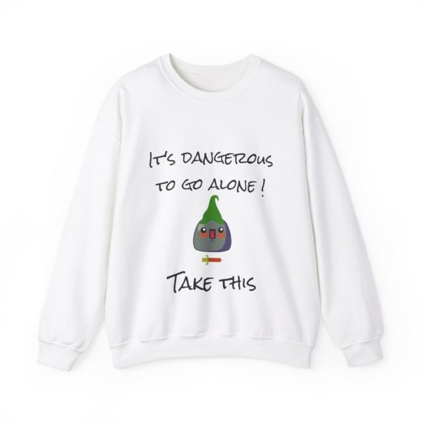 Funny "It’s Dangerous to Go Alone! Take This" sweatshirt with a Kyou wearing a green Link hat and holding an 8-bit sword