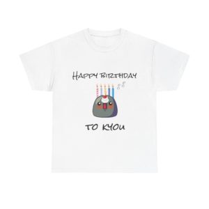 Funny "Happy Birthday to Kyou" t-shirt with a Kyou topped with cream, cherries, and candles