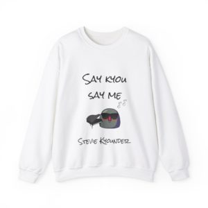 Sweatshirt with Kyou in sunglasses playing piano and the text "Say Kyou, Say Me"