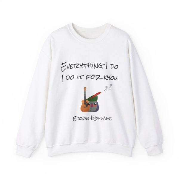Funny "Everything I Do, I Do It for Kyou" sweatshirt with a Kyou in a green Robin Hood hat and a guitar