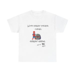 Superhero parody t-shirt with "With Great Power Comes Great Kyous" design