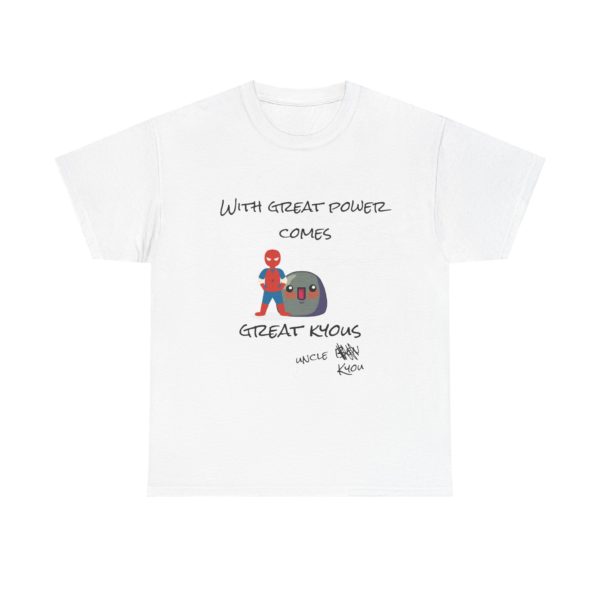 Superhero parody t-shirt with "With Great Power Comes Great Kyous" design