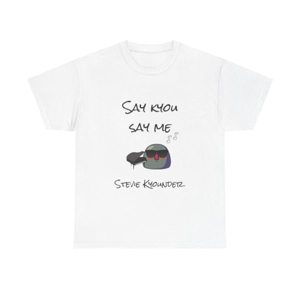 Funny "Say Kyou, Say Me" t-shirt with a Kyou wearing sunglasses and playing the piano